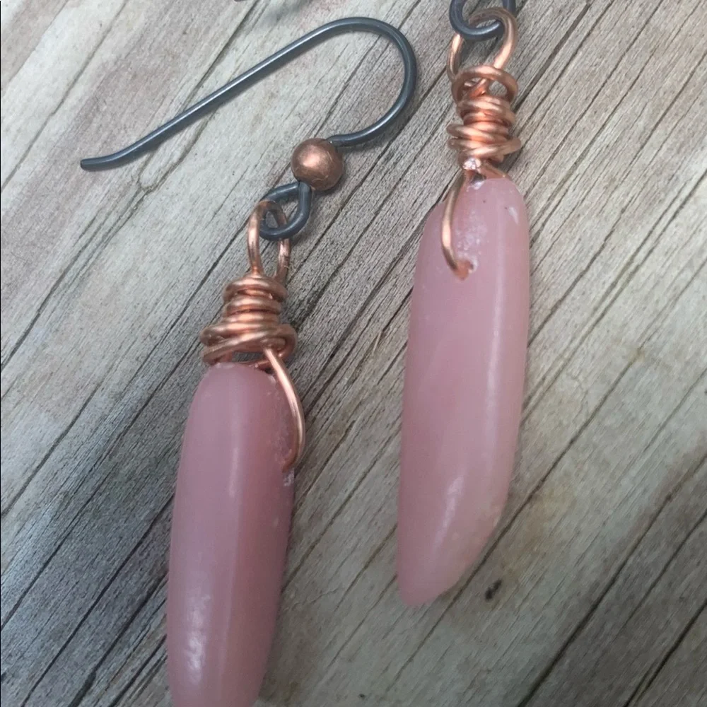 Pink Opal copper wrapped. Niobium ear wire earrings - Picture 5 of 8